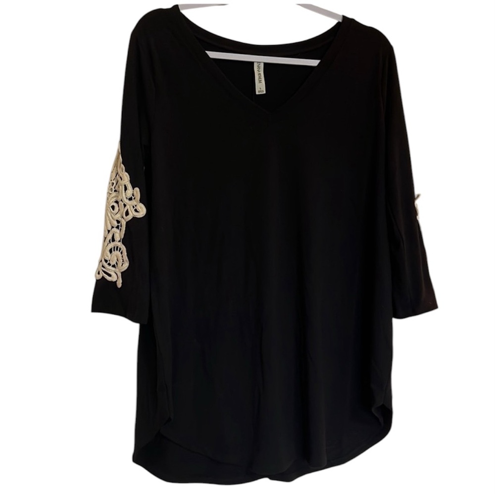 Zenana Women's V Neck 3/4 Sleeve Rounded Hem Rayon Top Lace Patch Sleeve